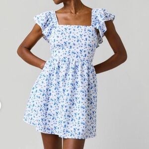 Francesca's Miami Collections Blue Floral Dress Flutter Sleeves Tie Back Lined S